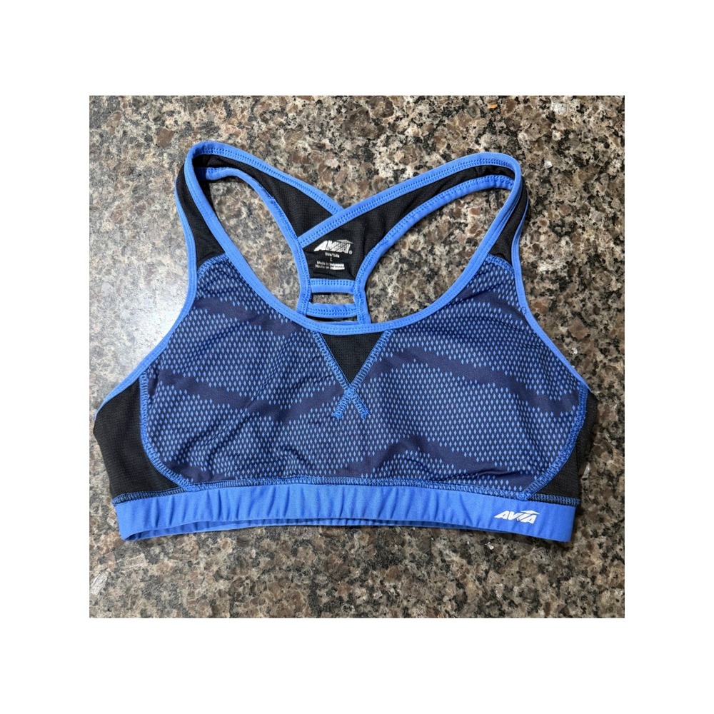 Avia Womens Blue Black Diamond Print Racerback Mesh Sports Bra Large